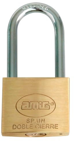 Amig - Candado de seguridad - Incluye 2 llaves - Arco largo - Latón y arco de Acero tratado - Para taquillas de gimnasio, puertas, armarios, maletas, mochilas - Doble cierre - Ancho: 25 mm