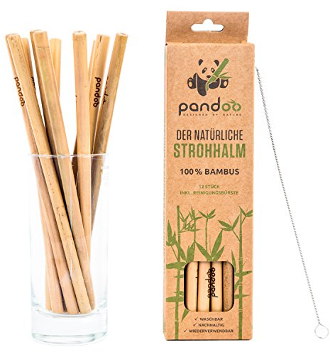 pandoo Confezione da 12 cannucce di bambù 100% con pennello di pulizia - cannucce riutilizzabili ed eco-compatibili - 100% biodegradabile