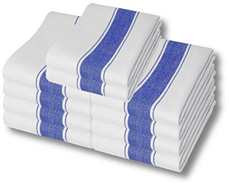 A & B TRADERS 10 Pack Cotton Catering Kitchen Cloth Harringbone Blue Stripe Tea Towels Restaurant Bar Glass Cloths
