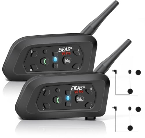 EJEAS Motorcycle Helmet Bluetooth Headset V6 Pro, 2-Way 1200M Motorbike Intercom Communication System for Ski/ATV/Dirt Motorbike/Off Road for Full-face Flip-up Helmets (2 Pack)