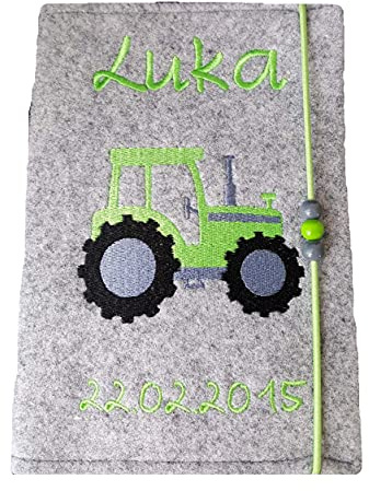 Traktor U-Hefthülle mit Namen und Geburtsdatum Jungen grau/grün
