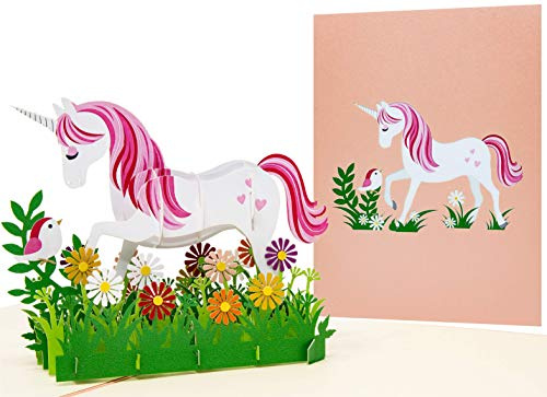 LIMAH® Pop Up 3D Geburtstagskarte für Kinder Happy Birthday. Geschnekkarte mit einem Einhorn für Mädchen. Einladungskarte zur Geburtstagsfeier/-party.