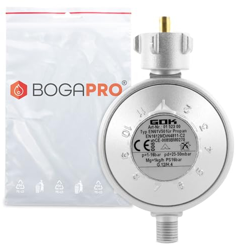 BOGAPRO 11 Stufen Niederdruckregler, Einstellbarer Gasdruckminderer von 25-50mbar für Propangasflaschen bis 11kg, inkl. Polybeutel