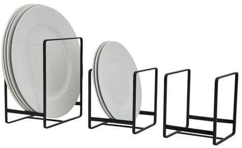 Juvale 3-teiliger Tellerorganizer für Küchenschrank, Regal, 2 Größen für Töpfe, Pfannen, Schneidebretter (schwarz)