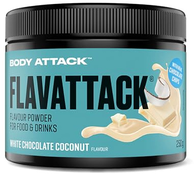 Body Attack Flavattack White Choc Coconut 250 g | Flavour Pulver für Müsli, Rice Pudding, Haferflocken, Drinks etc. - Geschmackspulver ohne Palmöl, Aspartam, Gluten