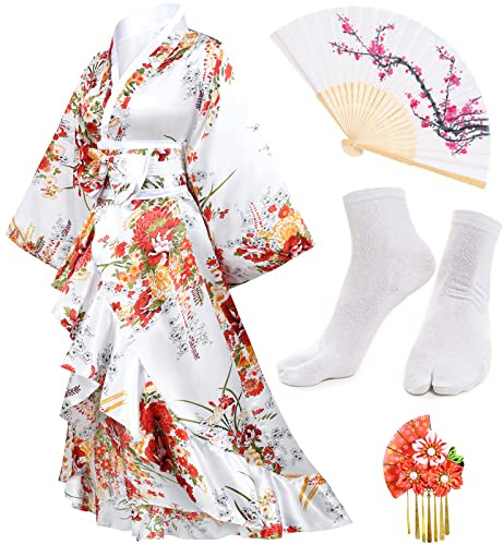 Kimono-Set für Damen, Geisha-Yukata mit Smoking-Rüschen, Satin-Bademantel und Nachtwäsche mit Blütenmuster, inklusive Fächer und Tabi-Socken