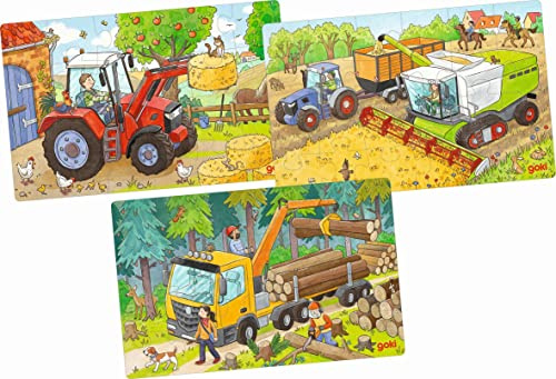 goki 57380 - Puzzles Fahrzeuge aus Holz - 3 Verschiedene Motive mit Fahrzeugen vom Bauernhof und aus dem Wald