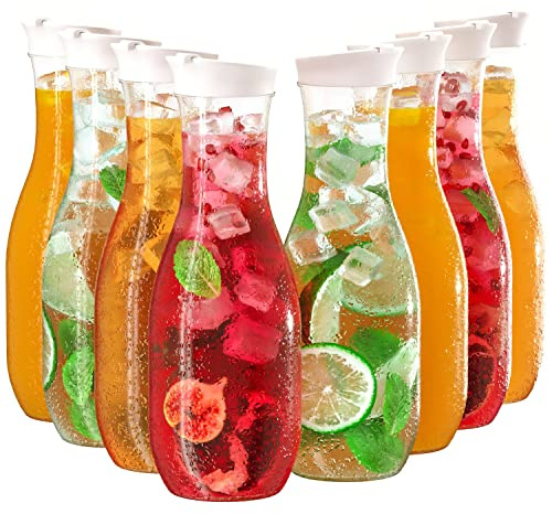 8 Pack Large Carafe Pitchers - 32 Oz, Narrow-Neck and Easy-Grip Water, Wine & Juice Carafes with Sturdy Screw-on Lids, Great for Mimosa Bar - by Lendra