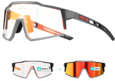 KAPVOE Selbsttönende Fahrradbrille UV400 TR90 Herren Damen K9022 | Klar zu Schwarz photochromatisch CAT.0-CAT.2, UV400 Wraparound, leichter TR90 Rahmen
