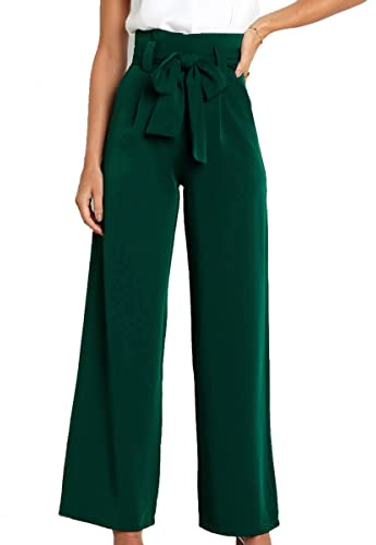 LIAOPUFUS Donna Pantaloni Stile OL Office Wear Pantaloni da Pendolare Fluidi Pantaloni da Lavoro con Cintura a Gamba Larga (Verde scuro-1,L)