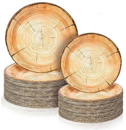Tioncy 100 Pieces Wood Grain Paper Plates 7 9 Rustic Wood Slice Plate Farmhouse Round Disposable Dinner Dish for Woodland Baby Shower Lumberjack Birthday Party Supplies