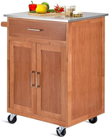 TANGZON Kitchen Storage Trolley on Wheels, Rubber Wood Rolling Kitchen Island with Cabinet, Stainless Steel Worktop, Drawer, Adjustable Shelf & Towel Rack, Dining Room Utility Serving Trolley Cart