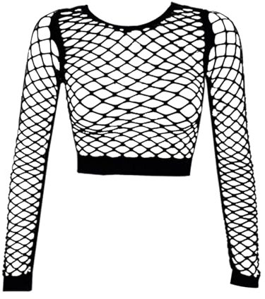KYSUN Tee Shirt Manches Longues Fishnet Crop Haut Court Sexy en résille à Manches Longues pour Femme Fans de Halloween, Femme, Noir, L, Crop Top Round Neck Long Sleeve