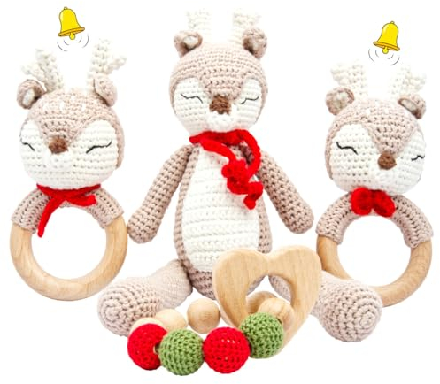 miniHeld Handgestrickter Reh Ivy Set Babyrassel Holzspielzeug und Baumwolle