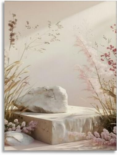 Bathroom Wall Art Decor Bathroom Pictures for Wall Artwork Natural beauty podium backdrop stone and flower grass 3d render Framed Canvas Wall Art for Bedroom Dining Room Farmhouse 16x20