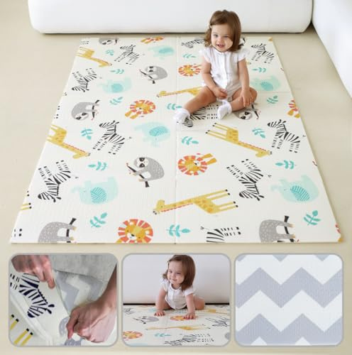 MIKMEL Alfombra de Juegos Bebé Compacta 180x120x0,8 cm – Alfombra Acolchada Reversible Plegable de Espuma XPE – Diseño África/Zigzag – Antideslizante e Impermeable