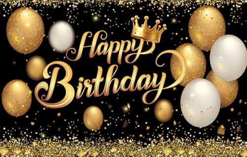 Happy Birthday Banner - Black Gold Fabric Decoration for Women, Girls, Men & Boys - Prom & Teenager Birthday Backdrop