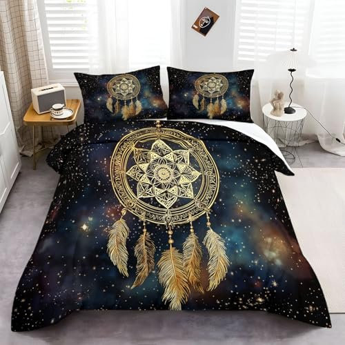 Bettbezug 240 × 220 cm, 3 Stück Fantasie-TraumfäNger Deluxe Bettwäsche Set aus Mikrofaser Pflegeleicht Bettbezug Mit verstecktem Reißverschluss Schwarz Gold Bettwäsche-Set