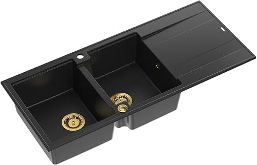 QUADRON Evier double Pure Carbon, EVAN 121 GraniteQ, Evier de cuisine, 2 bacs en granit en 1160 x 500 x 210 mm, Evier ouvert Push 2 avec siphon avec égouttoir, éléments PVD dorés