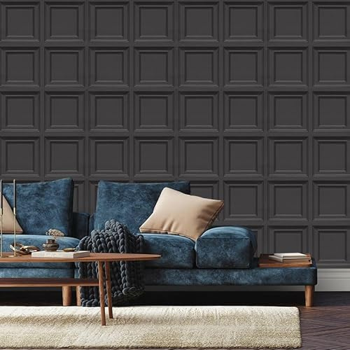 Camiraft Black 3D Wood Effect Wallpaper Wooden Panel Frame Realistic Modern,3 Roll Neutral Art Deco for Living Room Feature Wall Bedroom Ceilings,950 * 53cm