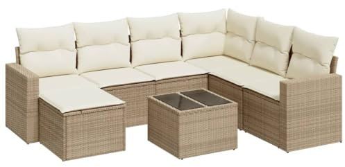 HETFTJN Balkon Eckbank Gartenstühle Mini Sofa Küchensofa - 8-TLG. Garten-Sofagarnitur mit Kissen Beige Poly Rattan für Terrasse Schwimmbad Balkon Speisesaal