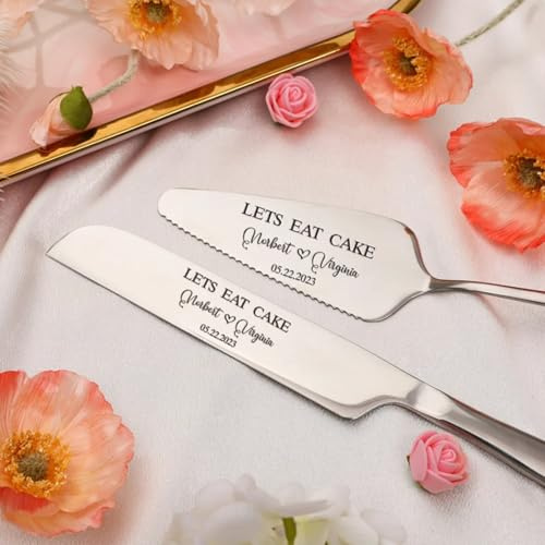 Tortenmesser-Set mit Gravur, personalisierbar, Kuchenmesser und Schaufel, Geburtstagsgeschenk, Hochzeit, Party, Dekoration, Jahrestag, Verlobung, Backwerkzeug (Silber)