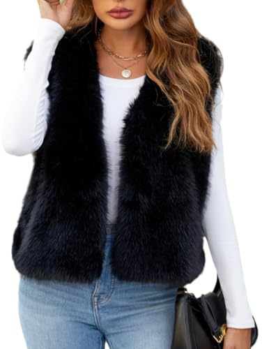YuanDiann Damen Kurz Kunstfell Weste Herbst Winter Casual Mode Warm ärmellose Fellimitat Kunstpelz Westen Kurze Schwarz L