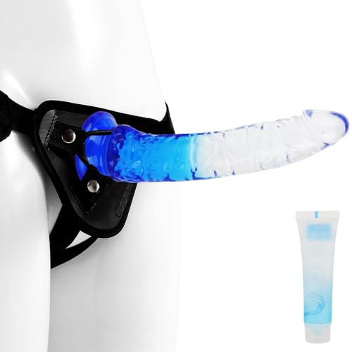 GKLWEJ Godes Ceintures, 22cm / 8,66in Ceinture Gode avec Sangle Réglable Harnais, Strap on Dildo, Strap-On avec 2 O Anneau, 25ml de lubrifiant, Godemichets pour Lesbien Couple, Bleu