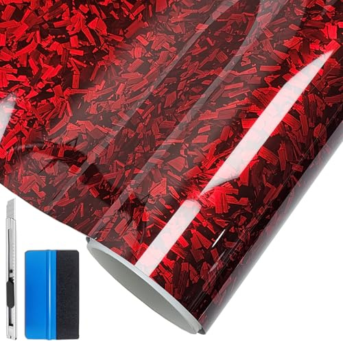 NewL Vinyl-Klebefolie aus geschmiedeter Kohlefaser, blasenfrei, Luftablassung, DIY-Aufkleber, für Auto, Fahrzeug, Motorrad, selbstklebend, Rot-Silber, 30 x 150 cm | Geschmiedete Karbonfaser-Optik, Inkl. Montagewerkzeug, Luftablass-System, für Auto, Fahrzeug, Morotrad & Möbel
