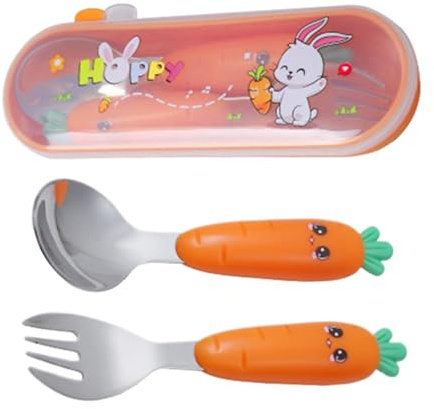 Dayysiuy Ensemble Fourchette et Cuillère pour Tout-Petits - Kit d'Ustensiles en Métal pour Bébé avec Boîte de Rangement pour Manger - Set de Couverts Alimentaires Résistant au Lave-Vaisselle pour