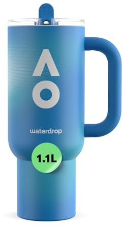 waterdrop® Australian Open 2026 Gourde Isotherme avec Paille 1.1 litre - Froid Pendant 12 Heures & Chaud 6 Heures, Mug Isotherme, Tasse Isotherme avec Poignée, Bouteille d'eau en Acier Inoxydable