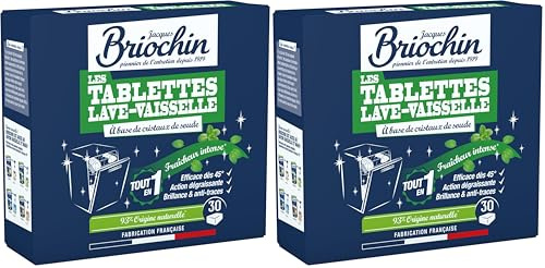 JACQUES BRIOCHIN - 30 tablettes Lave-Vaisselle - sans Parfum - Action dégraissante, Brillance et Anti-Trace - 95% Origine Naturelle - Fabrication Française - 30 tablettes (Lot de 2)