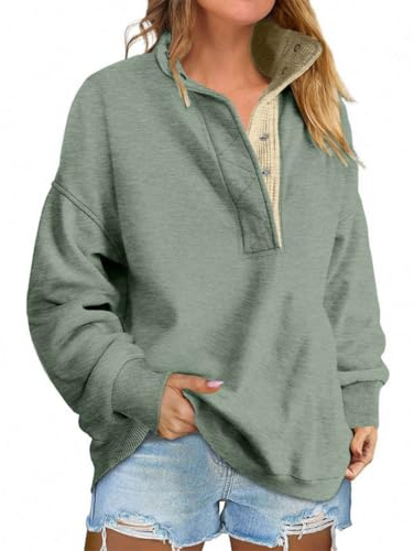 Generiskt överdimensionerade tröjor för kvinnor utan huva stående krage våffelstruktur långärmad knappslå tröja tunika sweatshirt, Mintgrön, L
