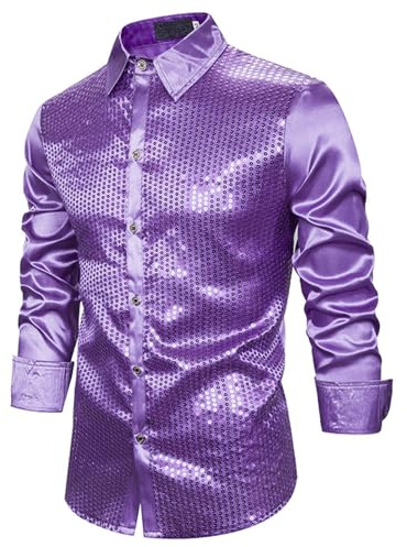 Generisch Chemise à paillettes pour homme – Chemise à paillettes brillantes métallisées, haut de boîte de nuit en or/argent, chemise confortable avec boutonnière pour costume de carnaval