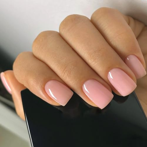 Viugex 24 Pièces Carrés Faux Ongles, Court Rose Nude Brillant Ongles à Coller, Carrés Couverture Complète Press on Nails, Réutilisable Acrylique Artificiels Ongles à Presser pour Femmes Nail Art