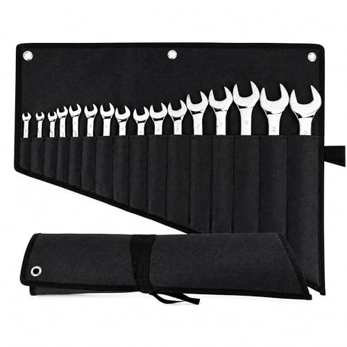 2 Pack Tool Roll Bag, 16 Pockets Spanner Organiser Roll Up Pouch, Heavy Duty Canvas Spanner Roll with Wall Mount Hole, Compact Wrench Storage Organizer for Mechanics and DIYers