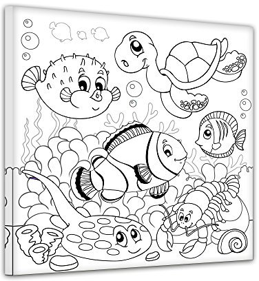 Unterwassertiere II - Ausmalbild auf Leinwand, aufgespannt auf Rahmen - Quadrat-Format - 40x40 cm