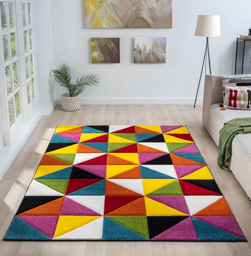 Lord of Rugs Quality Handcarved Geometric Design Rainbow Bedroom Living Room Multi Coloured Rug Destin Multi Small 80x150 cm (2'6x5')