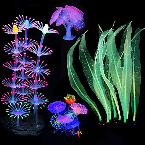 Podazz glödande akvariedekorationer, 4 st glödande akvarieväxter konstgjord korall prydnad lotus grön Kelp och anemon som lyser i mörk deortationsset för akvarium