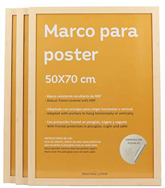 Nacnic - Pack 3 Marcos de Madera MDF Clara y Vidrio Acrílico | Protección y Expositor de Fotografías, Láminas, Pósters, Cuadros y Decoración para Salón, Dormitorio u Oficina | 50x70 cm…