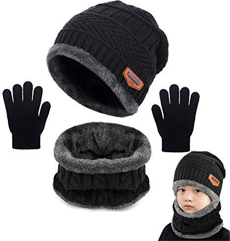 Yutdeng Warm Scarf Hat and Gloves Set for Boys Girls Winter Knitted Beanie Hat Fleece Lined Circle Scarf Kids Soft Thermal Neck Warmer Gift Outdoor Skiing 2-8 Years Old #1-Black