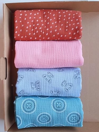 Babystoffe.de MUSSELIN STOFFRESTE zum Nähen, gemischt, 4 Stücke je 30cm x 130cm, Geschenk Nähen, Baby Stoffe, Reste, Überraschungspaket
