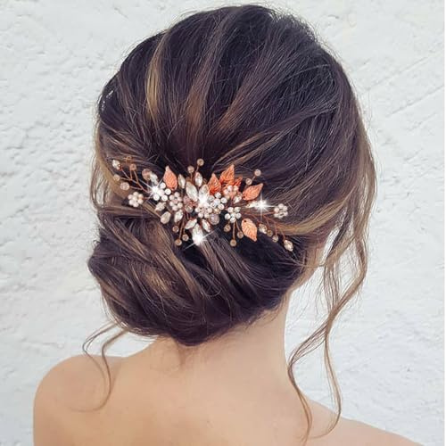 Zoestar Pettini per capelli da sposa con fiore e perle, accessorio per capelli per donne e ragazze (oro rosa)
