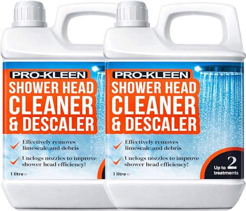 Pro-Kleen Shower Head Cleaner & Descaler - Deeply Cleans to Remove Dirt, Bacteria, Limescale, Grime and Debris - Prevents Legionella Bacteria - Easy to Use Formula (2 x 1 Litre)
