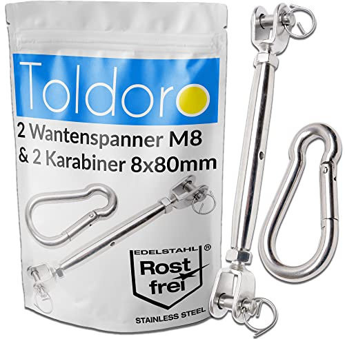 Toldoro Solsegel spännarset – 2 x wantspännare av rostfritt stål M8 och 2 karbinhakar 80 mm – fäste för presenning eller presenning