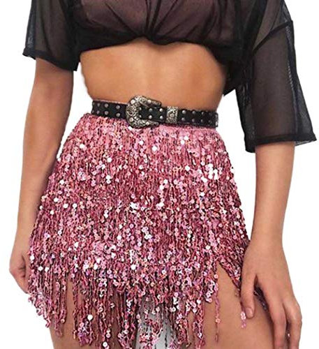 Zookey Pailletten Quaste Rock Bauchtanz Rock Rave Fransen Hüfttuch Kostüm Tanz Mini Wickelröcke für Frauen und Mädchen