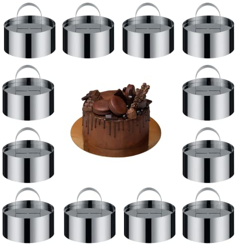 yeesport Dessert Rings and Food Rings, 12 Pieces, Cake Rings Set, Stainless Steel Cake Rings, Small Cake Rings Set, 3 Inch Dessert Moulds with Pusher for Cooking, Pancakes, Dessert, 3.14x1.57 Inches