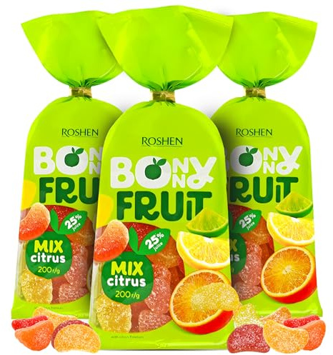 Roshen Bonny Fruit Mix Agrumi, Caramelle Gommose con 25% Succo di Frutta, Gusto Arancia, Limone e Pompelmo, Confezione da 3 x 200g (Verde)