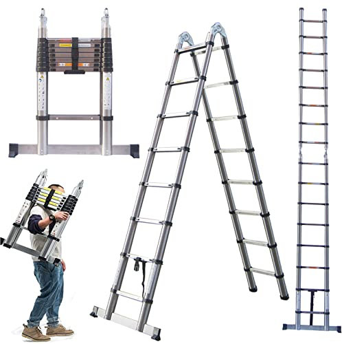 7Sevenjokers 16.4FT/ 5M Telescopic Garden Ladder Extendable Ladders Loft Ladder, Multi-Purpose Telescoping Combination Stabiliser Bar, Portable Foldable A-frame Ladder(2.5M+2.5M), Silver
