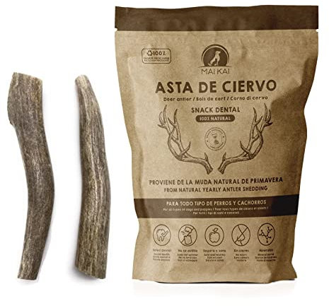 MAIKAI Confezione da 2 Corna di Cervo per Cani Grandi S - Masticativo Naturale Senza Punta – Osso Sicuro Antitartaro – Giocattolo Antistress Resistente – Snack Lungo Durata - Regali per Cani Natale